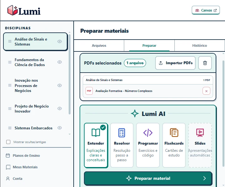 Tela real do LUMI com escolha dos fluxos de preparação de materiais